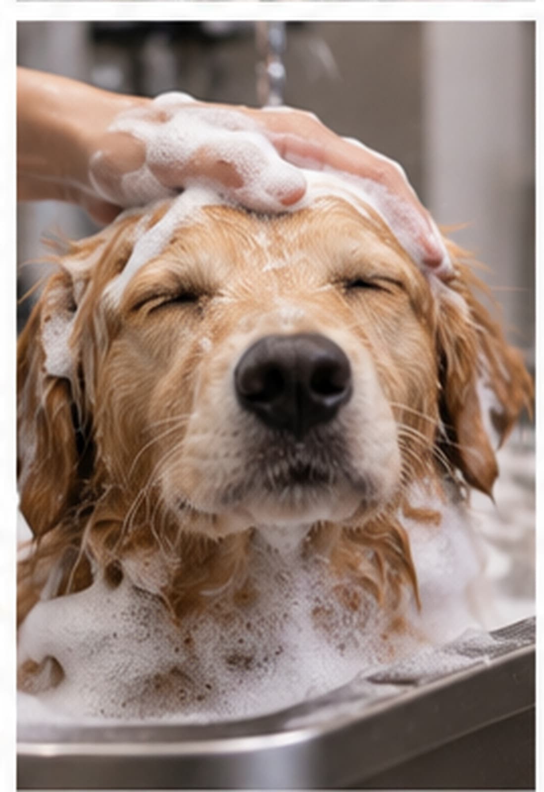 Golden retriever во время мытья с пеной